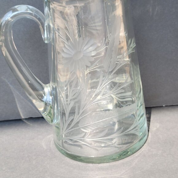 Vintage Clear Etched Glass Pitcher With Floral Design & Handle 9" - Picture 15 of 16